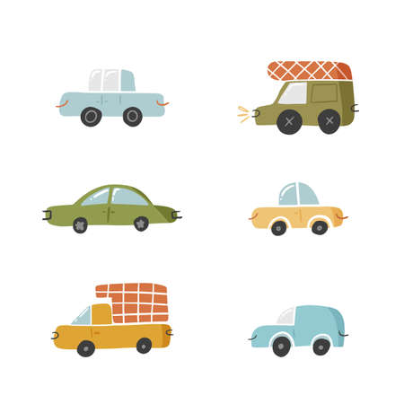Set of cute doodle car in hand drawn style, design children nursery, room, clothes, map and textile cartoon vector illustration isolated on white. Colorful sketch urban passenger vehicle for printing.のイラスト素材