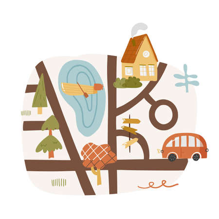 Cute landscape doodle map with pond, route and house, outdoor park with river, country nursery garden cartoon vector illustration, isolated on white. City path wooden pointer, hand drawn printing.のイラスト素材