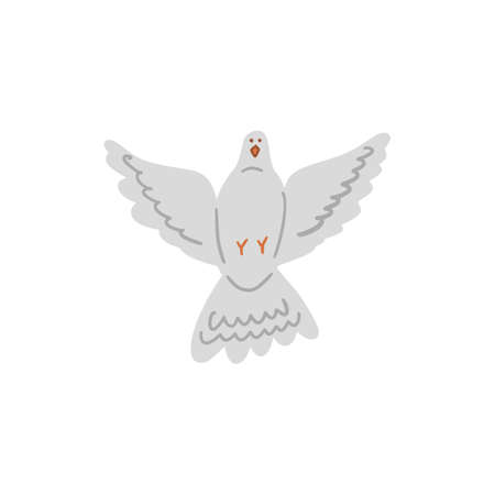 Colorful Icon of flying pigeon isolated on white. Gray park bird flat cartoon character design. Cute dove vector illustration. Peace graphic concept symbolのイラスト素材