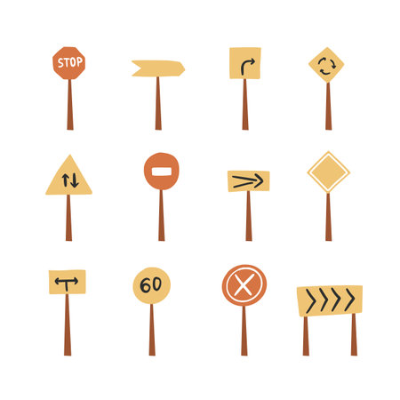 Set of road signs with arrow, speed info isolated on white. Roadway billboard flat icon vector illustration. Caution and direction sign for car and transport on highway cartoon clipart collectionのイラスト素材