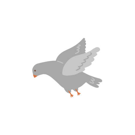 Colorful Icon of flying pigeon isolated on white. Gray park bird flat cartoon character design. Cute dove vector illustration. Peace graphic concept symbolのイラスト素材