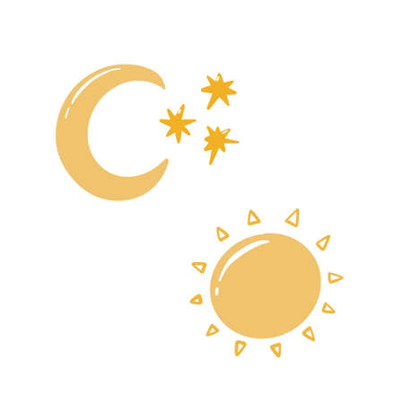 Sun, moon and stars isolated on white. Day and night abstract concept vector doodle style illustration set. Bedtime flat cartoon icon design elements.のイラスト素材