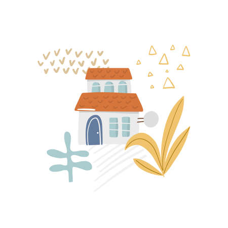 Cartoon house concept, village with garden isolated on white. Forest flat vector illustration. Abstract plants with rain cloud icon, kids poster and print designのイラスト素材