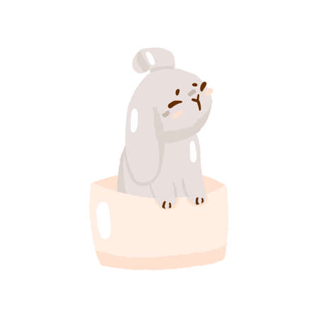Cute easter hunt egg bunny sitting in basket, concept spring religious holiday, baby rabbit icon, cartoon hare doodle vector illustration, isolated on white. Happy childhood time, flat decoration kindergarten.のイラスト素材