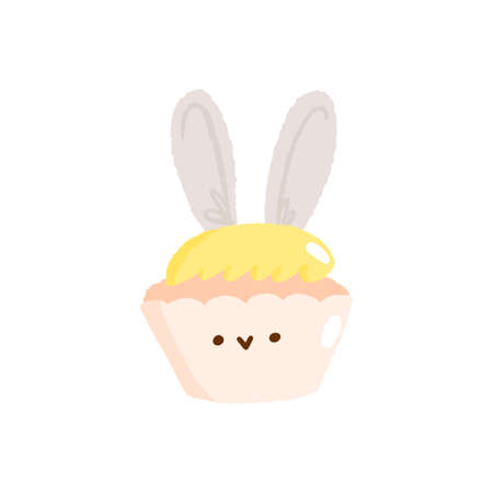 Cute easter hunt egg bunny cupcake, concept spring religious holiday, baby rabbit icon, cartoon hare doodle vector illustration, isolated on white. Happy childhood time, flat decoration kindergarten.のイラスト素材