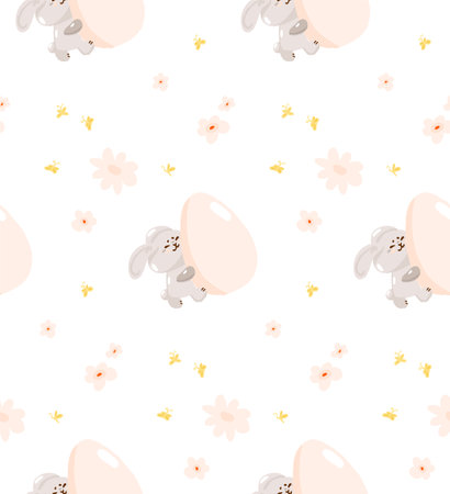 Concept cute easter bunny seamless pattern, spring religious holiday banner, rabbit egg hunt icon, cartoon hare doodle vector illustration, texture background. Happy childhood time, kindergarten texture decoration.のイラスト素材
