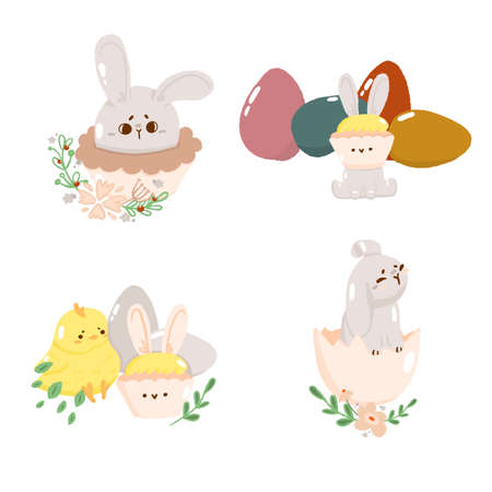 Set of concept bunny easter card with green leaf, cute spring religious holiday, chick rabbit cartoon doodle vector illustration, isolated on white. Happy childhood time, flat decoration kindergarten.のイラスト素材