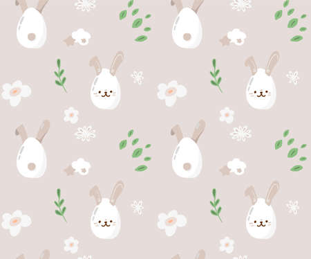 Concept cute easter bunny seamless pattern, spring religious holiday banner, rabbit egg hunt icon, cartoon hare doodle vector illustration, texture background. Happy childhood time, kindergarten texture decoration.のイラスト素材