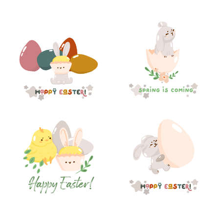 Set of concept bunny easter text greeting card, cute spring religious holiday chick, rabbit icon cartoon doodle vector illustration, isolated on white. Happy childhood time, flat decoration kindergarten.のイラスト素材