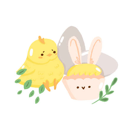 Concept bunny easter greeting card, cute spring religious holiday, chick, rabbit icon, cartoon hare doodle vector illustration, isolated on white. Happy childhood time, flat decoration kindergarten.のイラスト素材