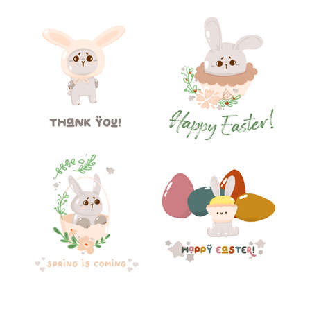 Set of concept bunny easter text greeting card, cute spring religious holiday, rabbit icon cartoon, hare doodle vector illustration, isolated on white. Happy childhood time, flat decoration kindergarten.のイラスト素材