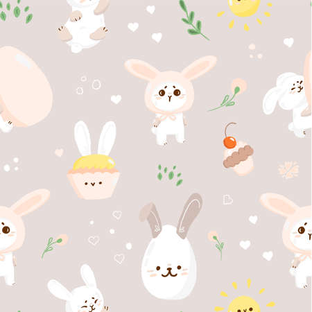Concept cute easter bunny seamless pattern, spring religious holiday banner, rabbit egg hunt icon, cartoon hare doodle vector illustration, texture background. Happy childhood time, kindergarten texture decoration.のイラスト素材