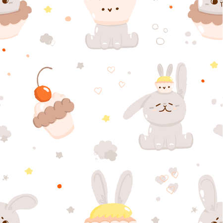 Concept cute easter bunny seamless pattern, spring religious holiday banner, rabbit egg hunt icon, cartoon hare doodle vector illustration, texture background. Happy childhood time, kindergarten texture decoration.のイラスト素材