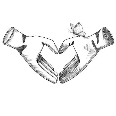 sketch of rubber gloves showing heart with bow tie on a white backgroundの写真素材