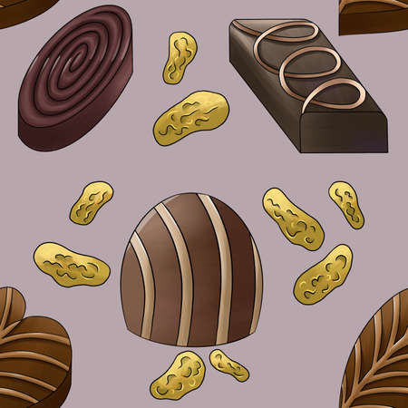 seamless pattern of four chocolates and raisins on the lilac backgroundの写真素材