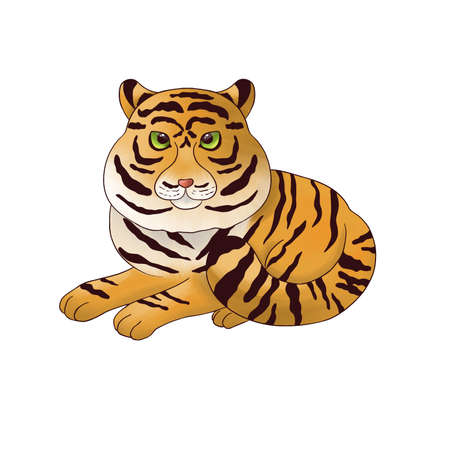 striped cartoon tiger lying isolated on white backgroundの写真素材