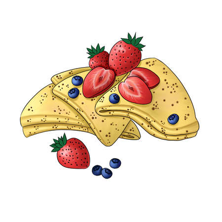 a stack of baked breakfast pancakes with strawberries and blueberriesの写真素材