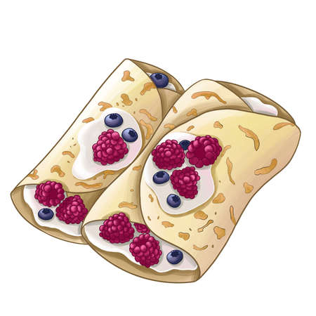 a stack of baked breakfast pancakes with raspberries and blueberriesの写真素材