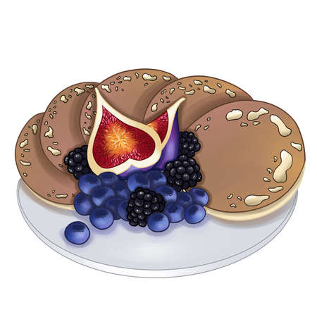 five pancakes with blueberries, figs and blackberries in a plateの写真素材