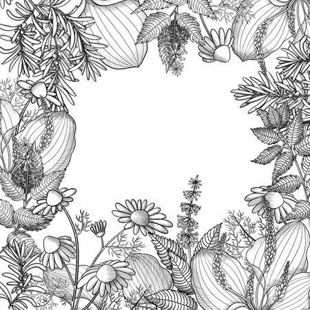 frame sketch of chamomile, plantain, rosemary, mint graphics on a white backgroundの写真素材