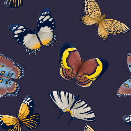 seamless pattern of blue, gray, orange, brown butterflies set isolated