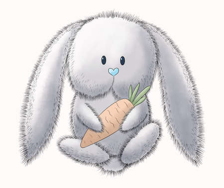 cute gray fluffy easter bunny with carrot isolatedの写真素材