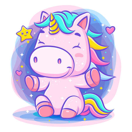 Lovely cute unicorn sits and smile of illustrationのイラスト素材
