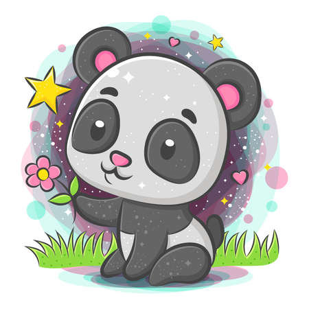 Cute Panda sitting and holding flower of illustrationのイラスト素材