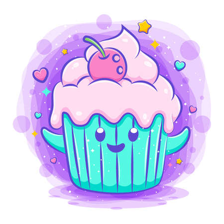 Smiling cute kawaii cartoon of cupcake characterのイラスト素材