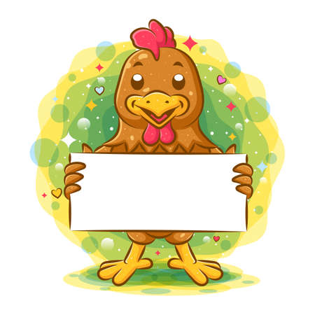 Brown rooster standing and holding blank paper of illustrationのイラスト素材
