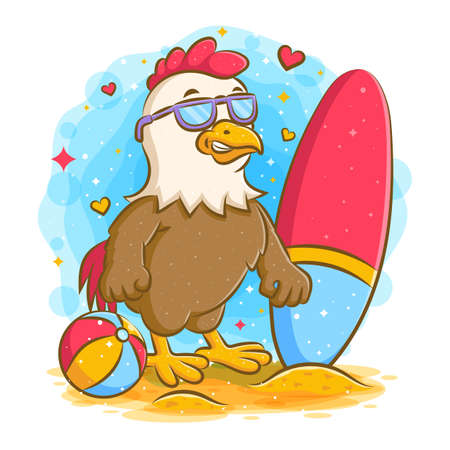 Strong rooster in the beach with surf board and ball of illustrationのイラスト素材