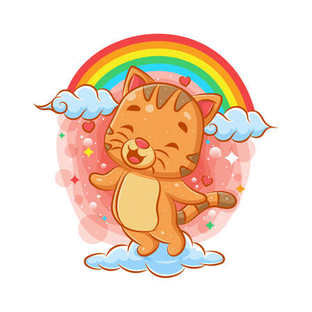 Cute cat flying on the cloud with rainbow background of illustrationのイラスト素材