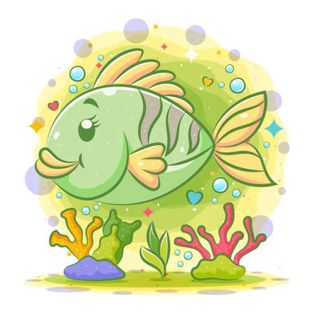 Little green clown fish swim under the beautiful sea of illustrationのイラスト素材