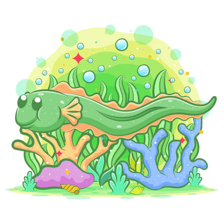 Long green electric eel swim in the beautiful sea of illustrationのイラスト素材