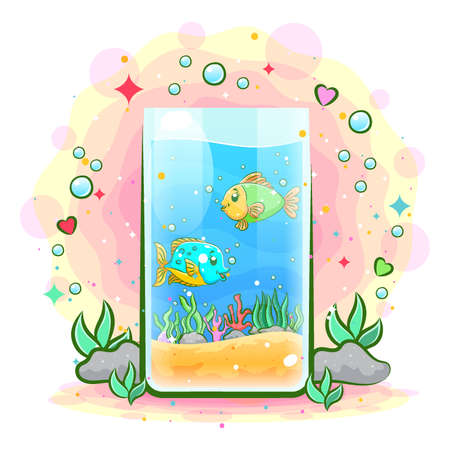 A tube of aquarium has two fish and many sand of illustrationのイラスト素材