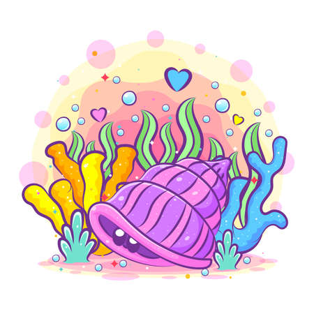 The purple shells with the small eyes hide in coral reef of illustrationのイラスト素材