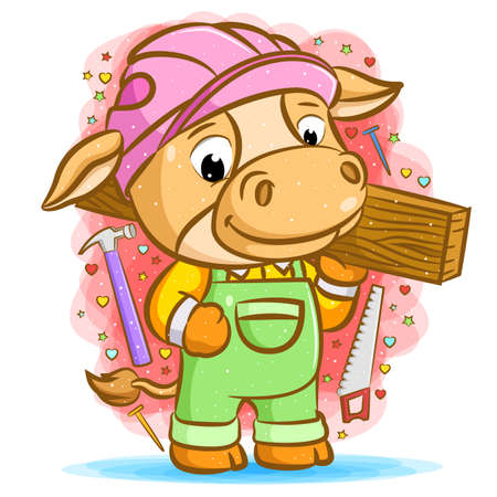 The cartoon of the orange carpenter cow holding the wood around utensilのイラスト素材