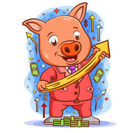 The cartoon of the pig holding the upper graphic with the happy faceのイラスト素材