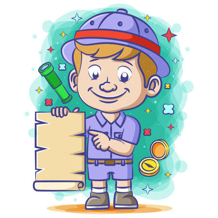 The illustration of the traveller using the purple uniform holding the old blank paper near the compassのイラスト素材