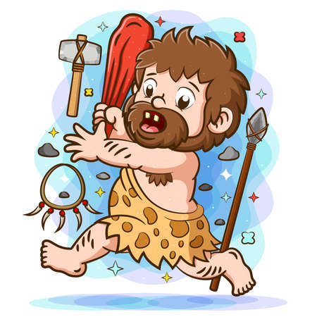 The illustration of the primordial man running and holding the big wood to catch somethingのイラスト素材