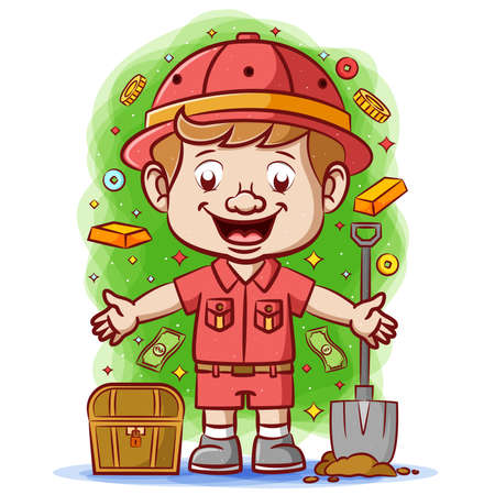 The illustration of the treasure seeker founding the treasure chest full with money and gold from the groundのイラスト素材