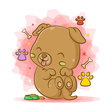 The cartoon of a little dog sitting to eat his food in the green bowlのイラスト素材