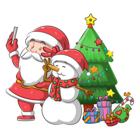 The illustration of the Santa Claus and mr snowman doing the selfie together near the Christmas treeのイラスト素材