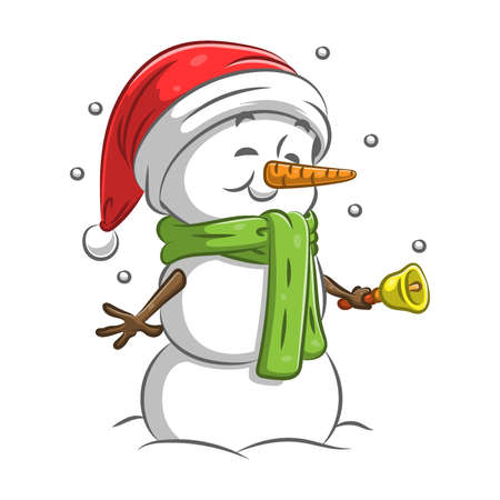 The illustration of the big snowman holding the bell and using the green scarf and Christmas hatのイラスト素材