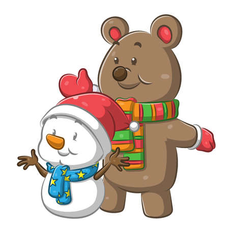The illustration of the bear using the scarf and a small snowman using the Christmas hatのイラスト素材