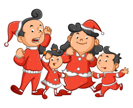 The illustration of the family using the red costume for celebrate the night Christmasのイラスト素材