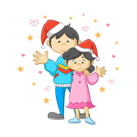 The illustration of the married couple using the Christmas hat and celebrate the Christmas togetherのイラスト素材