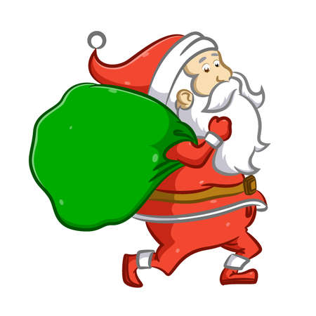 The illustration of the Santa Claus is running and holding a big sack of gift for Christmasのイラスト素材