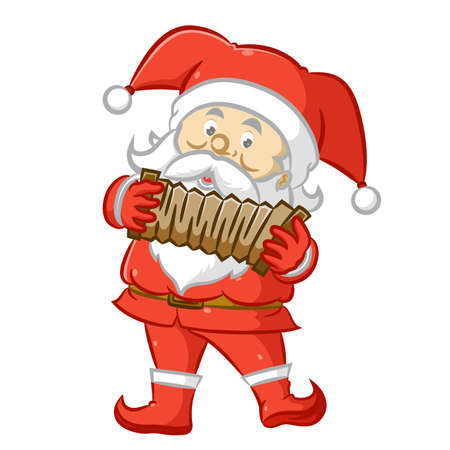 The illustration of the Santa Claus using the red costume and holding the brown accordionのイラスト素材