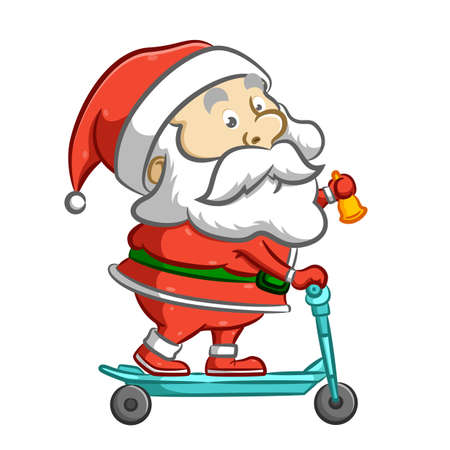 The illustration of the old Santa Claus standing on the blue scooter and holding the yellow bellのイラスト素材